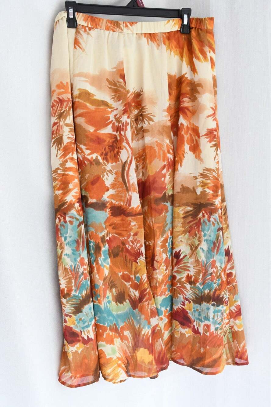 Coldwater Creek Floral Orange Tan Flare Maxi Skirt Zip Up Closure Sz 1X